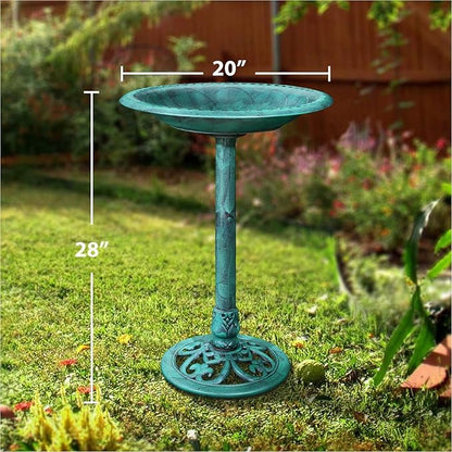 VECELO 28" Pedestal Outdoor Bird Bath for Outside, Vintage Bronze Polyresin Lightweight Antique, Yard/Garden Decoration, Green