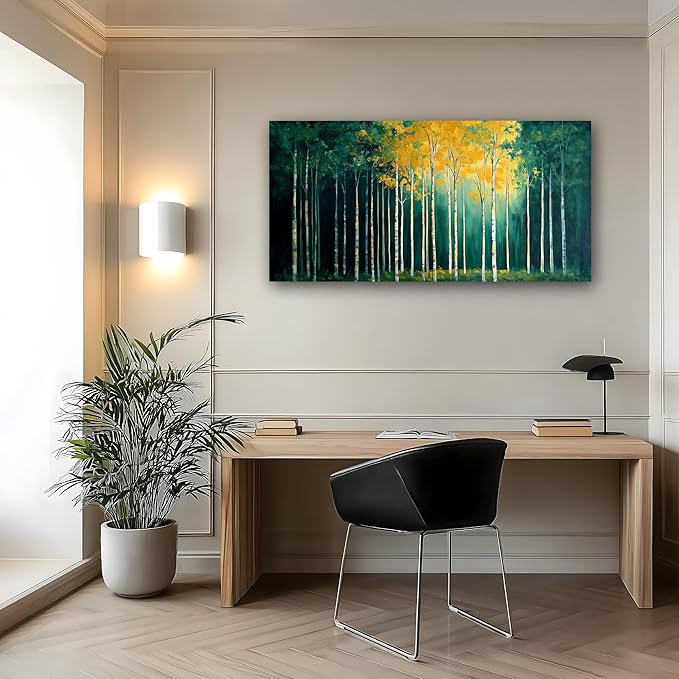 40x20 Inch Birch Tree Canvas Wall Art, Large Panoramic Autumn Forest Painting, Textured Green & Yellow Landscape Wall Decor, Framed Modern Nature Artwork for Living Room Bedroom Office Home Decoration