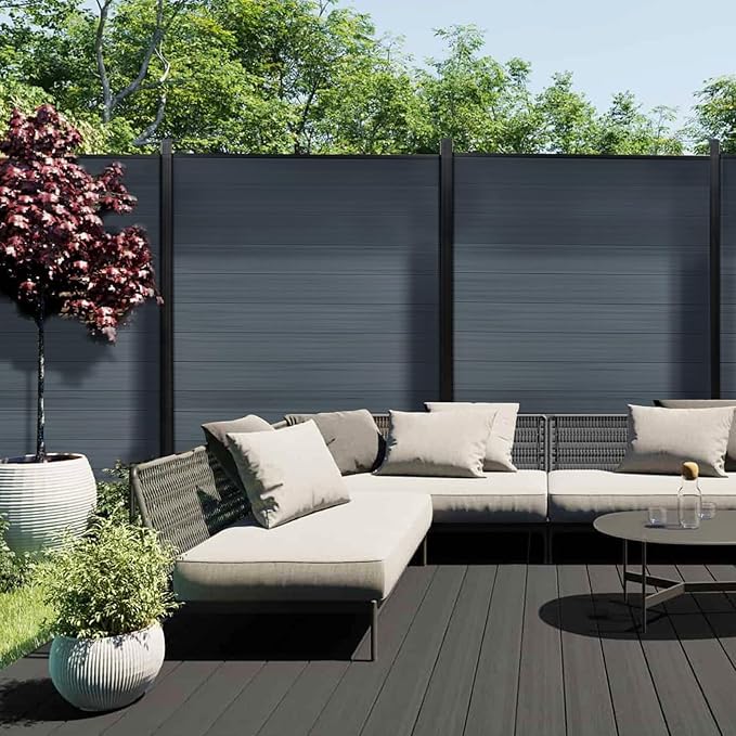 Mondaria Privacy Fence Panels for Outside,6ft(W) x 6ft(H) Outdoor Privacy Panels with 2 Posts,Wind Resistant Wood Plastic Composite Fencing Panels for Patio,Backyard,Garden and Swimming Pool(Grey)