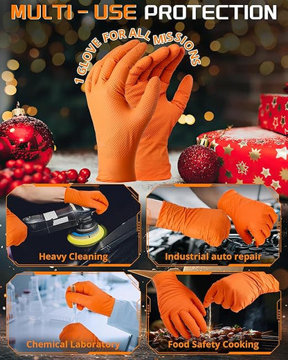 10mil Nitrile-Gloves Disposable-Orange Chemical-Resistant Rubber - Mechanic Gloves Heavy Duty, Latex Free, Diamond Grip (100, X-Large)