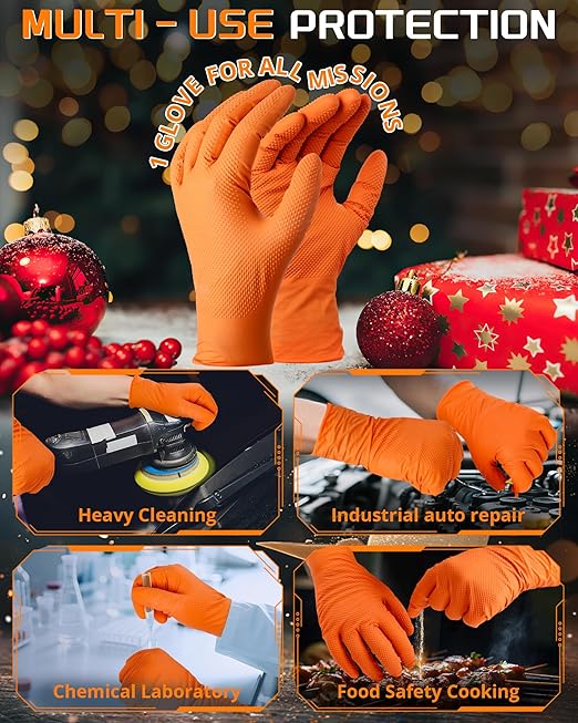 10mil Nitrile-Gloves Disposable-Orange Chemical-Resistant Rubber - Mechanic Gloves Heavy Duty Latex Free Diamond Grip (100, Large)