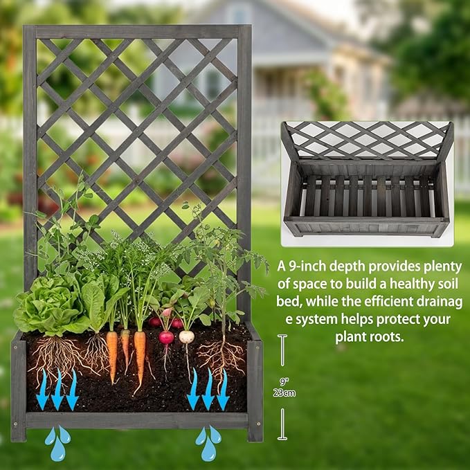 Wooden Raised Garden Bed with Trellis, 40" Outdoor Planter Box for Climbing Plants, Vertical Modern Gray Garden Planter for Vegetables, Flowers & Vines, Lattice Plant Support for Patio Yard Balcony