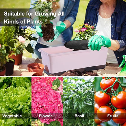Oliz Window Box Planter 8 Pcs, 17 Inches Rectangle Flower Pots with Drainage Holes & Trays, Vegetable Planters for Windowsill Patio Garden Balcony Home Indoor Outdoor (Pink, 16 * 7 * 6 inch)