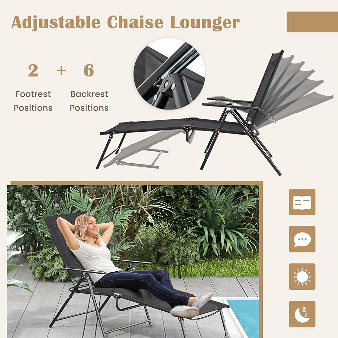 Giantex Lounge Chair Outdoor Set of 2 - Tanning Chair with 6 Adjustable Backrest, 2-Level Footrest, Folding Sunbathing Lounger for Patio, Poolside, Yard, Chaise Lounge Chair, Beach Chair (Black)