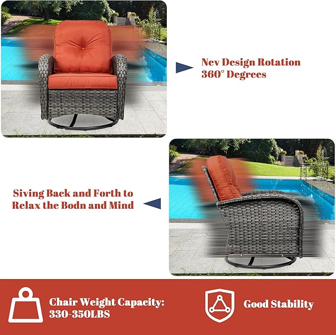 5 Piece Outdoor Patio Furniture Set,Wicker Patio Conversation Set with Swivel Glider Chairs,Wicker Rocking Swivel Chairs Set with Ottomans/Side Coffee Table for Backyard,Deck,Balcony,Red