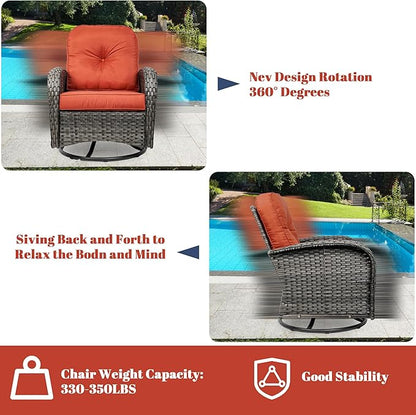 5 Piece Outdoor Patio Furniture Set,Wicker Patio Conversation Set with Swivel Glider Chairs,Wicker Rocking Swivel Chairs Set with Ottomans/Side Coffee Table for Backyard,Deck,Balcony,Red