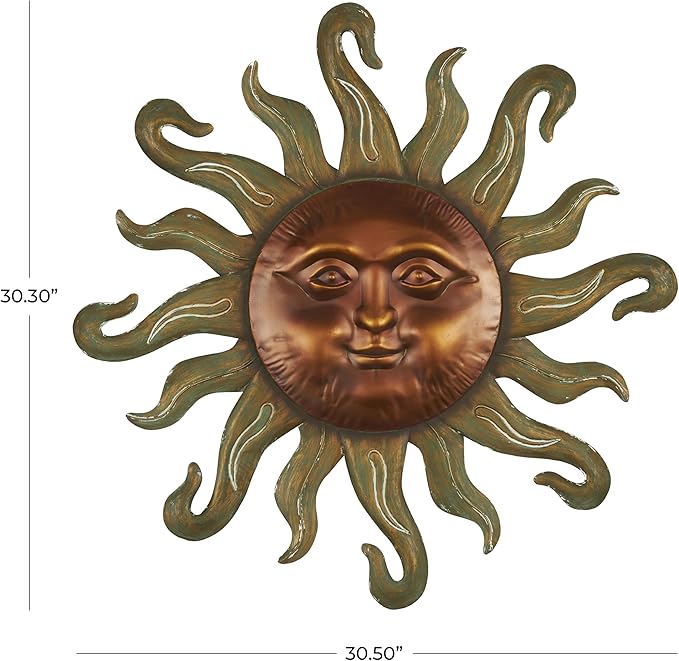 Deco 79 Metal Sun Home Wall Decor Wall Sculpture with Smiling Face and Curved Rays, Wall Art 31" x 1" x 30", Copper