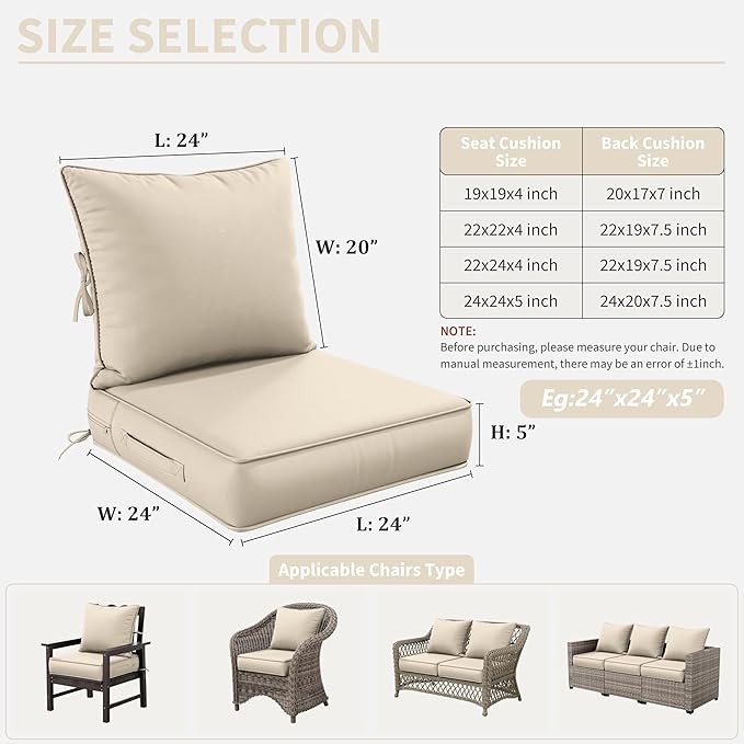 Premium Outdoor Seat Cushion Chair Cushions for Patio Furniture 24 L X 24 W X 5 H Waterproof & Fade Resistant Deep Seat and Backrest Cushion Set with Removable Covers for Chair, Sofa