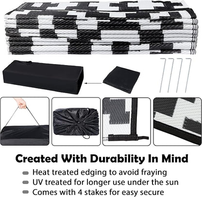 SAND MINE Waterproof Outdoor Rug 9x18 ft, Plastic Straw Rug, Modern Area Rug, Large Floor Mat, RV, Patio, Backyard, Deck, Picnic, Beach, Trailer, Camping (9' x 18', Black & White Lattice)