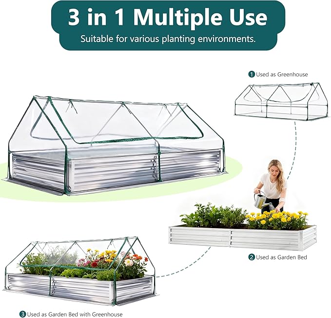 NEWBULIG 8x4x1ft Galvanized Raised Garden Bed with Greenhouse Cover, Outdoor Metal Planters Box for Planting Vegetables, Flowers & Herbs, Easy Assembly, Clear