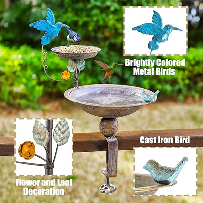 Deck Mounted Bird Bath and Feeder, 2-in-1 Balcony Metal Birdbaths for Deck Railing Outdoors, Adjustable Heavy Duty Clamp for Garden Decor Yard Lawn