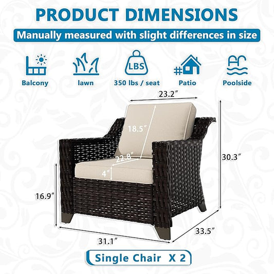 VistaVibe 2 Pieces Outdoor Armchairs, Patio Conversation Furniture Set, Washable Cushions, Luxurious Hand-Woven PE Rattan, Garden, Bistro, Deck, Backyard (Brown/Beige)