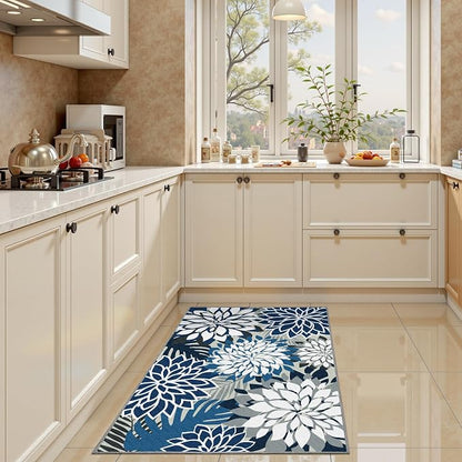 Arenarug 2x3 Washable Small Rug Tropical Botanical Modern Floral Indoor Chenille Door Mat Carpet Non Slip for Patio, Entry Way, Entrance, Porch, Blue