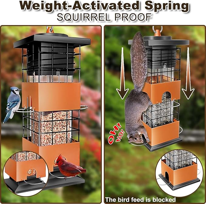 Squirrel Proof Bird Feeder, 3Lbs Hanging Anti-Squirrel Bird Feeders for Outdoors, Metal Weight-Activated Perches Wild Birdfeeder for Blue Jay, Cardinal (Brown)