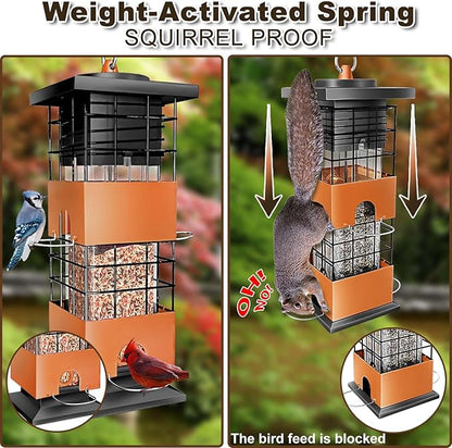 Squirrel Proof Bird Feeder, 3Lbs Hanging Anti-Squirrel Bird Feeders for Outdoors, Metal Weight-Activated Perches Wild Birdfeeder for Blue Jay, Cardinal (Brown)