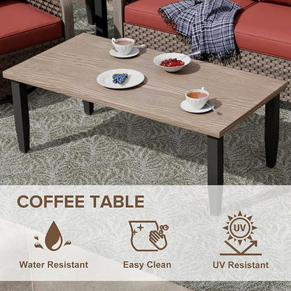 COOS BAY Modern Wicker Outdoor Furniture Set, Patio Conversation Set with Swivel Rockers, 3 Seat Couch, Ottomans, and Coffee Table, 6 Piece, Brown/Red