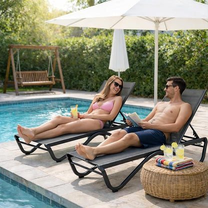 Kozyard Outdoor Chaise Lounge Chair, All Aluminum Frame and Textilene Fabric, Fully Flat Adjustable Reclining Patio Lounger for Poolside, Sunbathing & Backyard (Gray, 2Chairs)