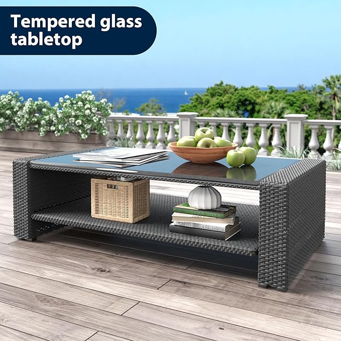 4 Piece Patio Furniture Set,Outside Rattan Sectional Sofa,Wicker Conversation Set with Cushion and Glass Coffee Table,Wicker Sofa Ideal for Garden,Porch,Grey