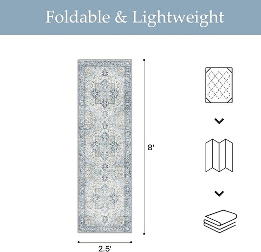 GENIMO Outdoor & Indoor Runner Rug 2.5'x8', Waterproof, Non-Shedding, Easy Cleaning, Boho Mat for Patio, Kitchen, Balcony, Bath Room, Deck, Bedroom, Camping, Outside Carpet,Blue