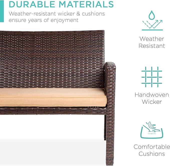 Best Choice Products 4-Piece Outdoor Wicker Patio Conversation Furniture Set for Backyard w/Coffee Table, Seat Cushions - Brown/Beige