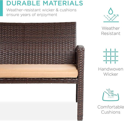 Best Choice Products 4-Piece Outdoor Wicker Patio Conversation Furniture Set for Backyard w/Coffee Table, Seat Cushions - Brown/Beige