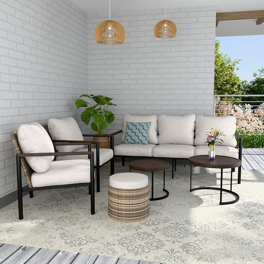 COOS BAY Sand Dune 5 Piece Wicker Patio Furniture Set, Rattan Outdoor Furniture with Nesting Tables, Chairs, Couch, Coffee Tables, and Ottoman, Brown/Beige