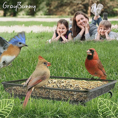 Ground Bird Feeder Tray for Outdoors (Metal) - Weather Resistant Platform Mesh Seed Tray for Wild Birds Squirrels Dove Cardinal Blue Jay Crows (11x11 in)