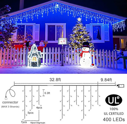 Icicle Christmas Lights Outdoor, 33 FT 400 LED Icicle Lights for Outside 8 Modes with 75 Drops, Plug in Waterproof Hanging Christmas Light for Holiday Pavilion Balcony Decorations, Blue