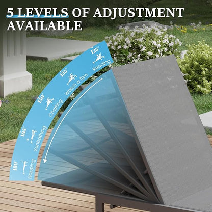 UDPATIO Chaise Lounge Chair Patio Pool Lounge Chair Outdoor with 5 Position Adjustable Backrest Poolside Sunloungers Lay Flat Sunbathing Chaise with Backrest for Patio, Beach, Yard, Pool(Gray)