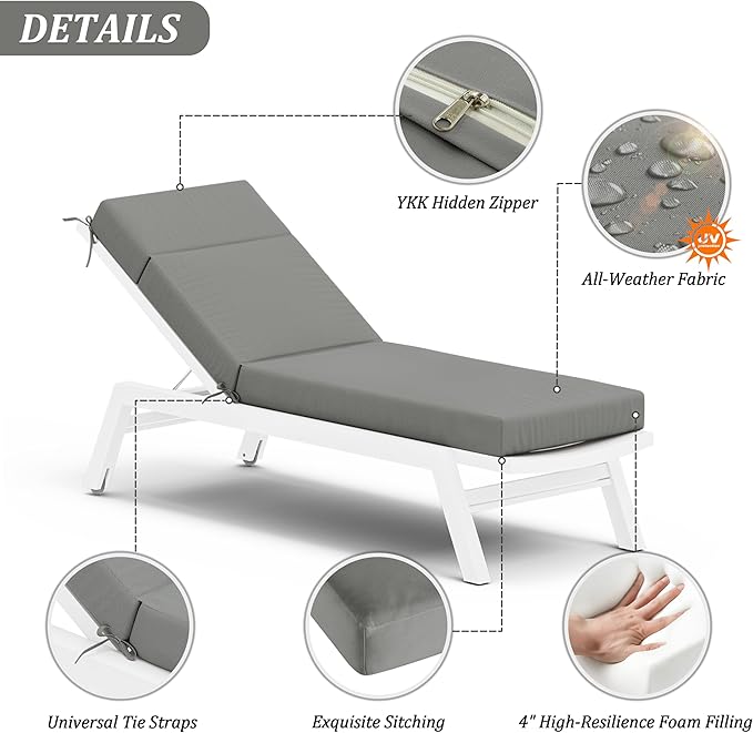 Chaise Lounge Cushion for Outdoor Furniture, Waterproof Fade and Tear Resistant Lounge Deck Chair Cushions for Patio Lawn Pool Resort Hotel