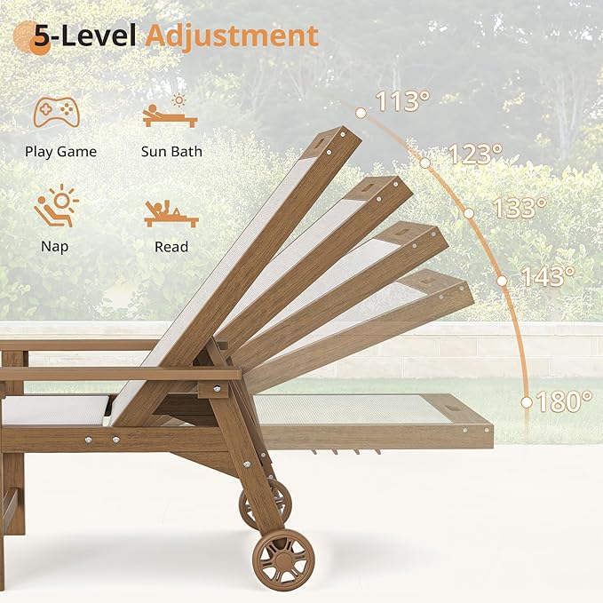 LUE BONA Chaise Lounge Chair Outdoor Set of 2, HDPS and HDPE Wicker Chaise Lounger with 5 Positions, Pool Lounge Chairs with Wheels and Adjustable Backrest for Patio, Poolside, Deck, Backyard