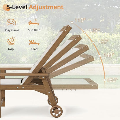 LUE BONA Chaise Lounge Chair Outdoor Set of 2, HDPS and HDPE Wicker Chaise Lounger with 5 Positions, Pool Lounge Chairs with Wheels and Adjustable Backrest for Patio, Poolside, Deck, Backyard