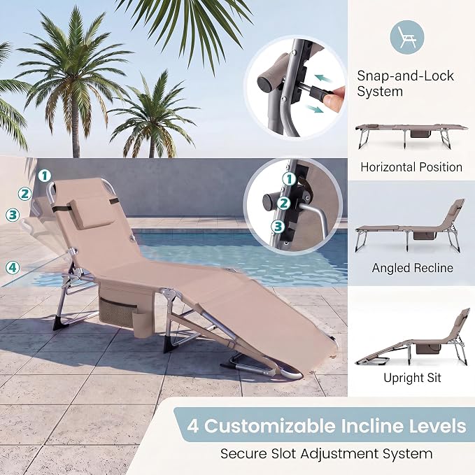 Giantex Tanning Chair, 330Lbs Beach Chair with 5 Adjustable Position, Face & Arm Hole, Hand/Shoulder Strap, Removable Pillow, Side Pocket, Chaise Lounger, Lounge Chair for Sunbathing Outdoor, Beige