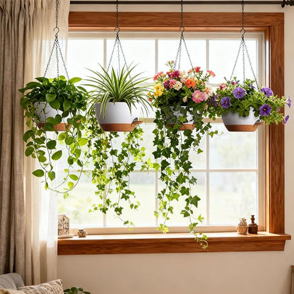 UOUZ 4 Pack 8 Inch Self Watering Hanging Planters for Indoor Outdoor Plants，Hanging Pots for Plants with Drainage Removable Tray, Hanging Baskets Flower Pots for Pothos Garden Porch White with Brown