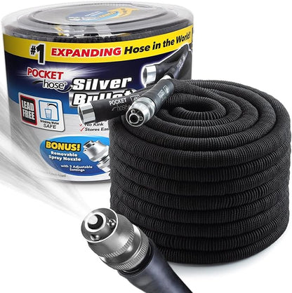 Pocket Hose Silver Bullet 100 ft Turbo Shot Nozzle Multiple Spray Patterns Expandable Garden Hose 3/4 in Solid Aluminum Fittings Lead-Free Lightweight and No-Kink, Black