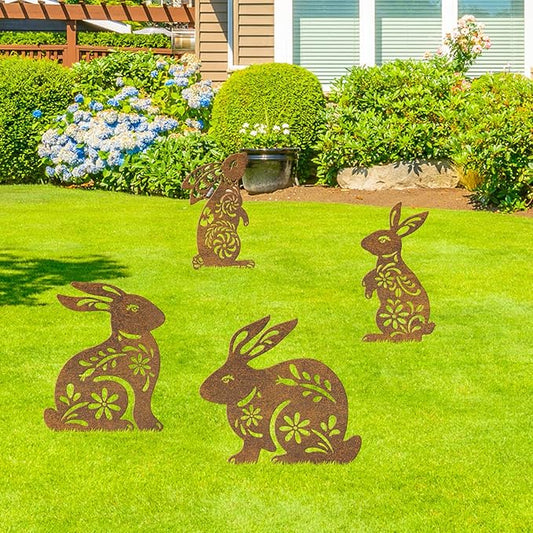 4 Pcs Metal Rabbits Garden Statues,Metal Yard Art Animals Garden Stakes Rabbit Silhouette,Rabbits Yard Art, Flowerbed Decoration, Outdoor Decor