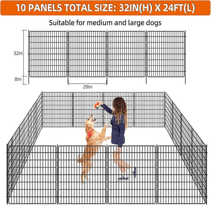 10 Panels No Dig Fence, 32 in(H) X 24 ft(L) Garden Decorative Fence Animal Barrier for Dogs, Rustproof Metal Garden Edging Border for Outdoor, Yard, Patio, Black
