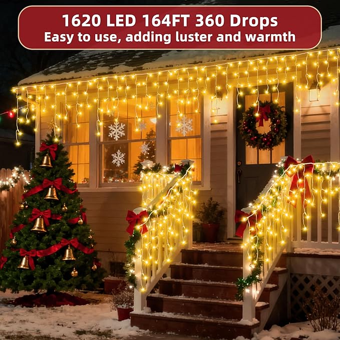 1620 LED Christmas Lights Outdoor 164 FT with 360Drops, Christmas Decorations Hanging Lights 12 Modes, Dimmable Fairy String Lights for Wedding Party Holiday Winter Wonderland Decor Warm White