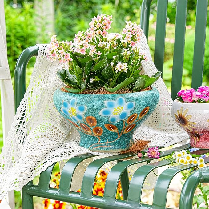 Sungmor 9.6 Inch Large Succulent Plant Pots, Pretty Hand Painted Ceramic Planter with Drainage, Indoor Outdoor Cactus Planter Bonsai Pot, Flower Pot for Indoor Plants Garden Windowsill Desktop Decor