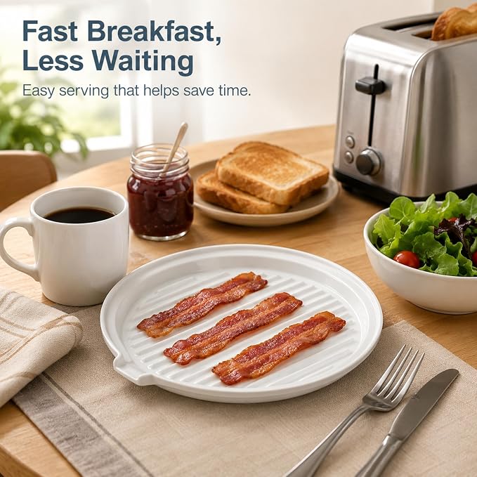 ONEMORE Microwave Bacon Tray Ceramic Bacon Cooker Meat Rack for Oven Cooking Crispy Bacon Maker - 11 inch Round Bacon Dish Plate, White