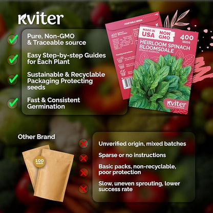 KVITER 400 Bloomsdale Spinach Seeds (Spinacia oleracea) — Non-GMO & Heirloom, Heat Tolerant, Cut and Come Again — Spinach Vegetable Seeds for Planting in Outdoor & Indoor Garden, Containers