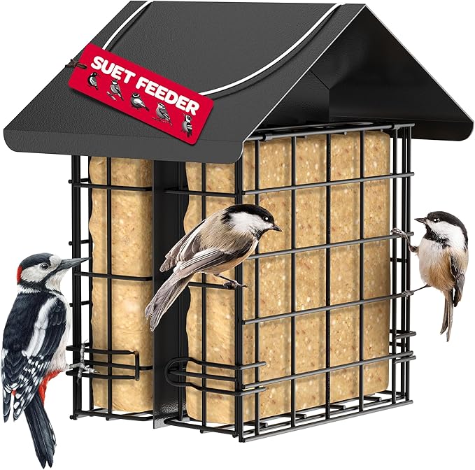 Suet Bird Feeder for Outside [Double Capacity] Suet Wild Bird Feeder with Hanging Metal Roof, Suet Feeders for Outside, for Use with Suet Cakes, Seed Cakes, Mealworm Cakes