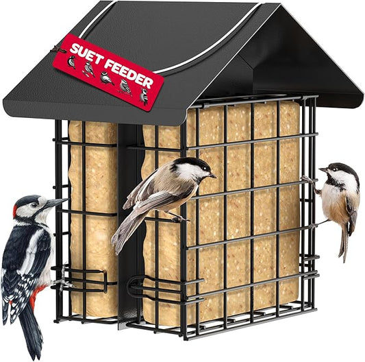 Suet Bird Feeder for Outside [Double Capacity] Suet Wild Bird Feeder with Hanging Metal Roof, Suet Feeders for Outside, for Use with Suet Cakes, Seed Cakes, Mealworm Cakes