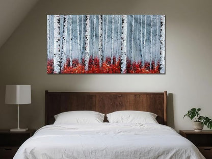 Arjun Birch Tree Wall Art White Landscape Painting Grey Canvas Forest Red Nature Panoramic Picture Rustic for Living Room Bedroom Home Office Decor, Large 48"x24"