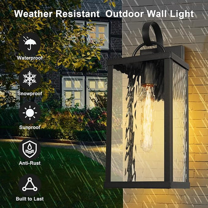 Outdoor Wall Light Fixture, Modern Black Exterior Wall Lantern with Water Ripple Glass, Farmhouse Vintage Waterproof Wall Sconce Porch Light for Patio, Garage, Front Door, Garden, Yard, 2Pack