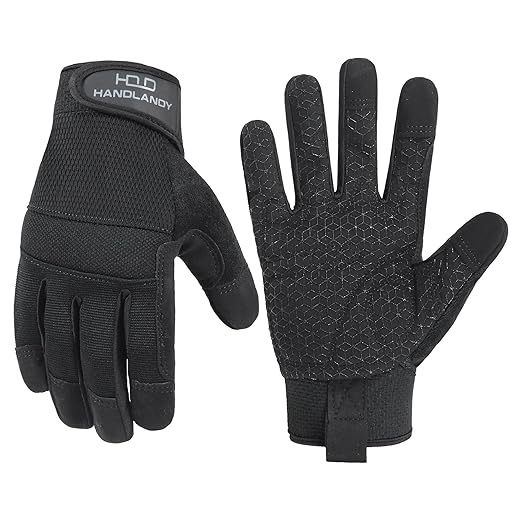 HANDLANDY Grip Work Gloves for Women Men, Safety Utility Yard Working Gloves, Flexible Touch Screen Mechanics Gloves (Black- Grip, Medium (Pack of 1))
