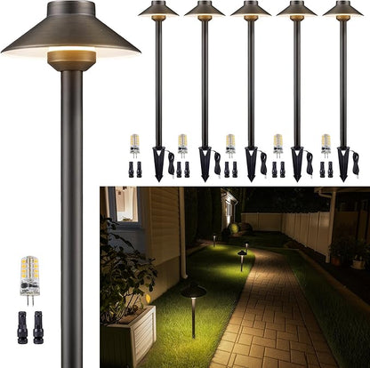 Gardenreet Low Voltage Landscape Sidewalk Lighting, Solid Brass Pathlights, LED Driveway Warm Light Waterproof, Hat Shaped 12V Wired Bronze for Walkway Garden with 3W 270LM 3000K G4 Bulb (6 Pack)