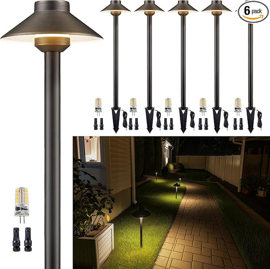 Gardenreet Brass Low Voltage Landscape Lighting - 12V LED Path Lights IP65 Waterproof, Hard-Wired Pathway Light Bronze for Outside Walkway Garden with 3W 2700K Warm White G4 Replaceable Bulb (6 Pack)