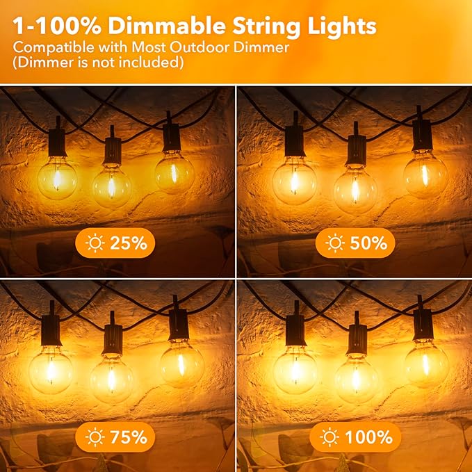 Brightown LED String Lights Outdoor 100Ft Waterproof G40 Patio Lights with 102(2 Spare) Led Shatterproof Bulbs, LED Globe Hanging Light for Porch Bistro Balcony Backyard Decor, E12 Socket, 2200K