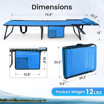 2 Pack Outdoor Folding Chaise Lounge 5-Position Adjustable Recliner 400LB Heavy Duty Portable Patio Camping Beach Chair, Blue